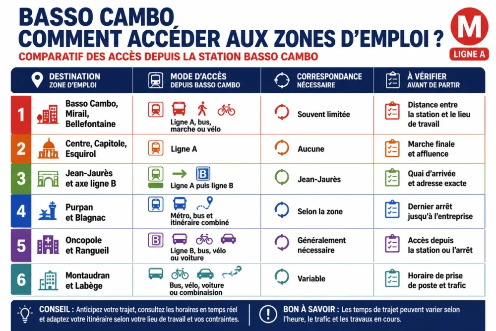 Comparatif des trajets depuis Basso Cambo vers les zones d’emploi de Toulouse