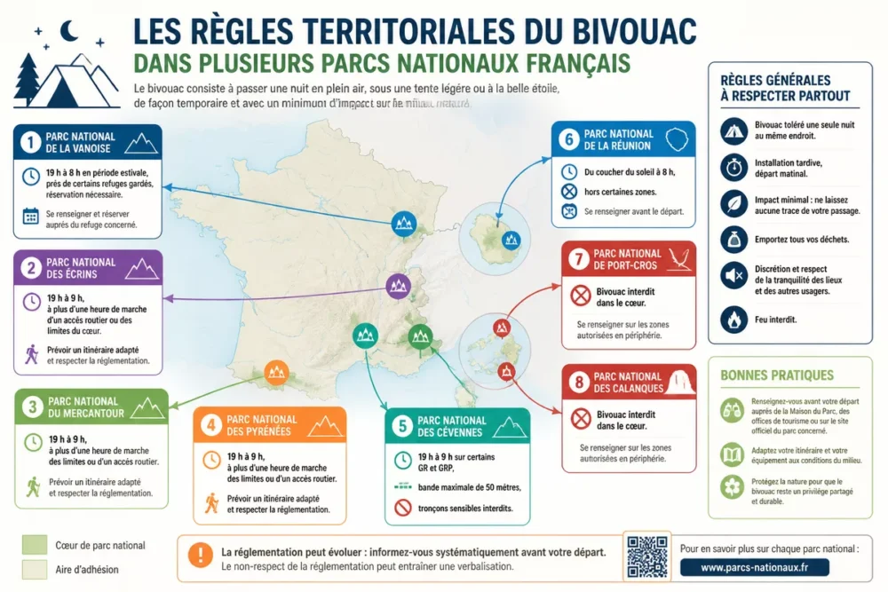 Infographie en français comparant les règles de bivouac dans plusieurs parcs nationaux français