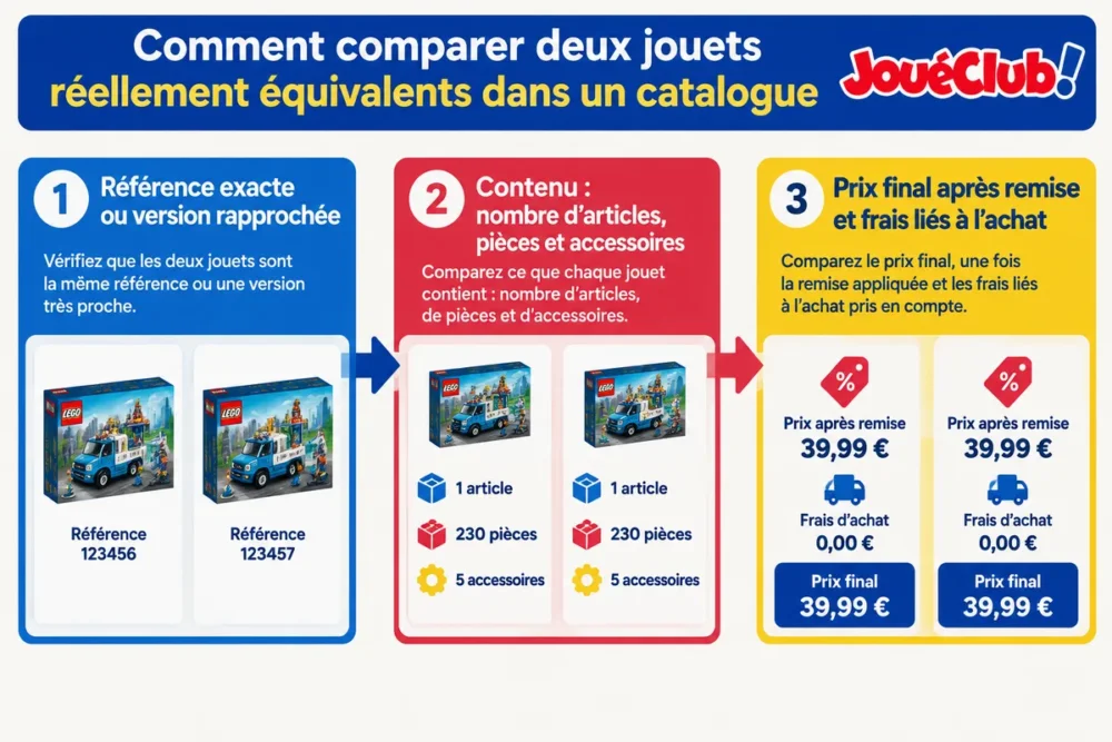 Schéma en français pour comparer deux références de jouets du catalogue JouéClub