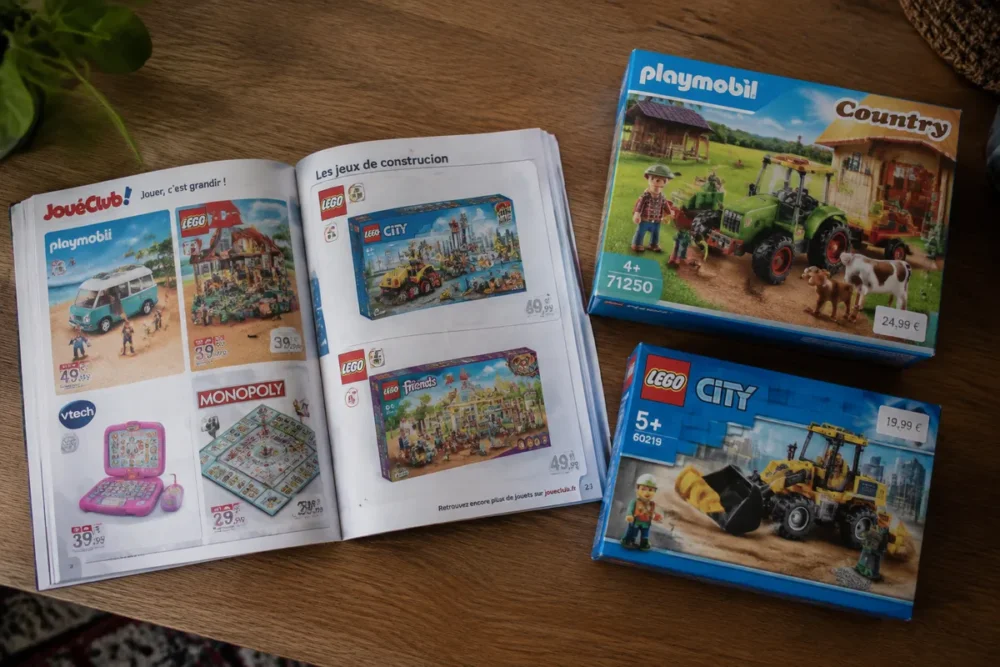 Photo réaliste d’un catalogue JouéClub ouvert près de deux boîtes de jouets équivalents avec leurs prix visibles