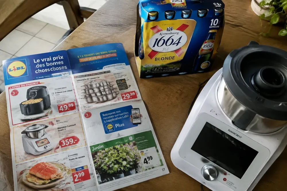 Photo réaliste du catalogue Lidl cette semaine avec la bière 1664 Blonde et le Monsieur Cuisine Smart