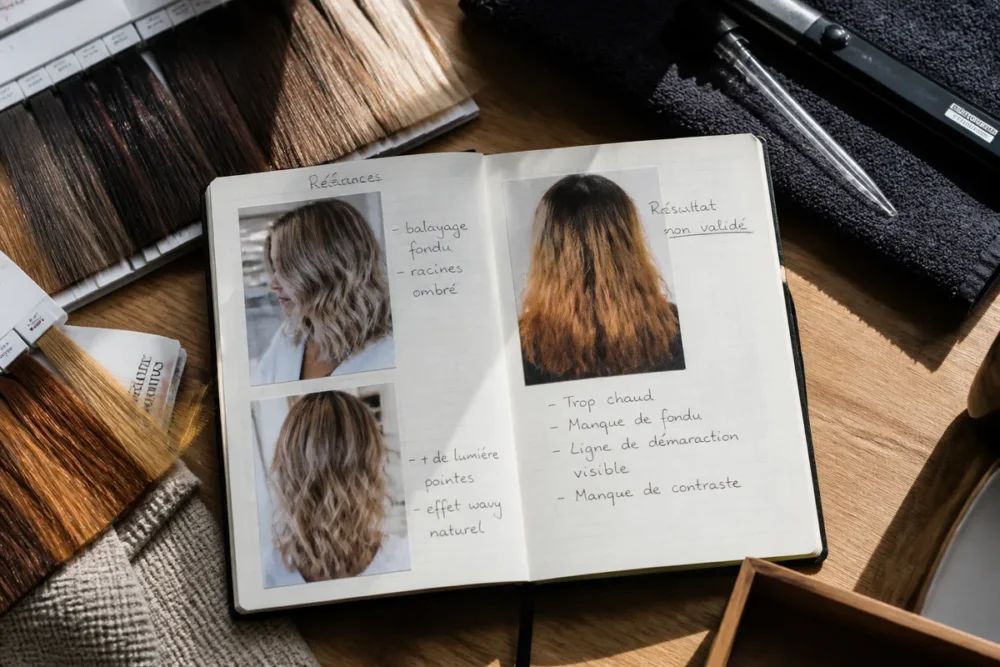 Préparation d’un diagnostic couleur avec photos de référence et nuancier chez un coiffeur à Lavalade.