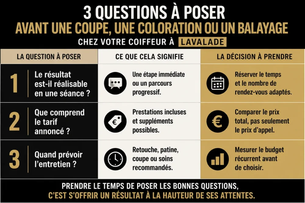 Infographie des questions à poser sur le résultat, le prix et l’entretien chez un coiffeur à Lavalade.