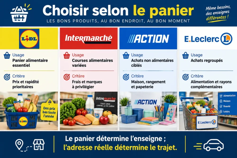 Infographie comparant Lidl, Intermarché, Action et Leclerc selon le type de panier à Saint-Marcel