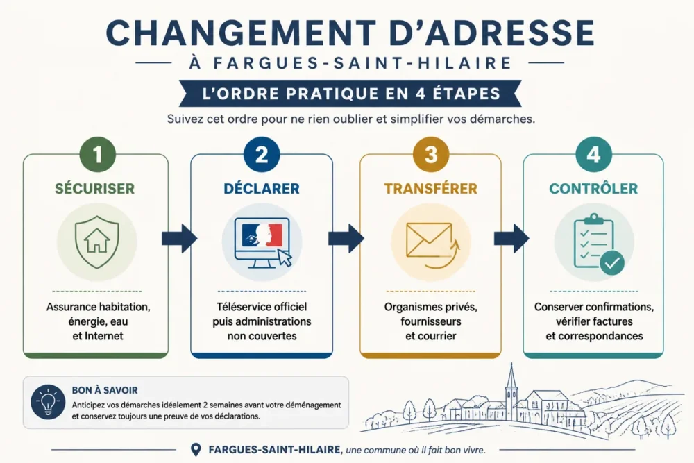 Infographie des étapes prioritaires d’un changement d’adresse à Fargues-Saint-Hilaire