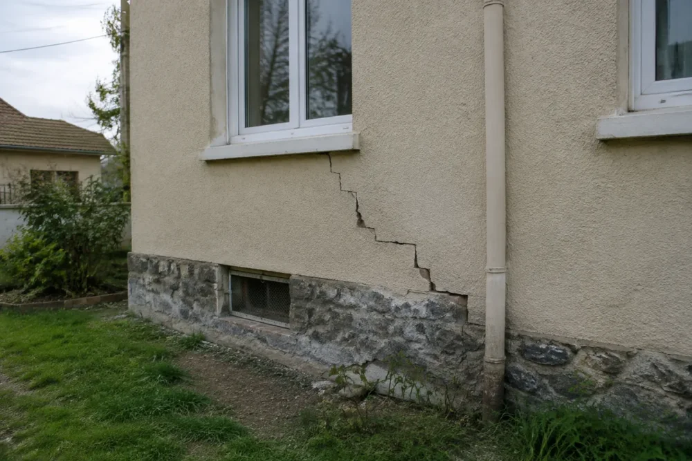 Fissure en escalier sur la façade d’une maison près du soubassement