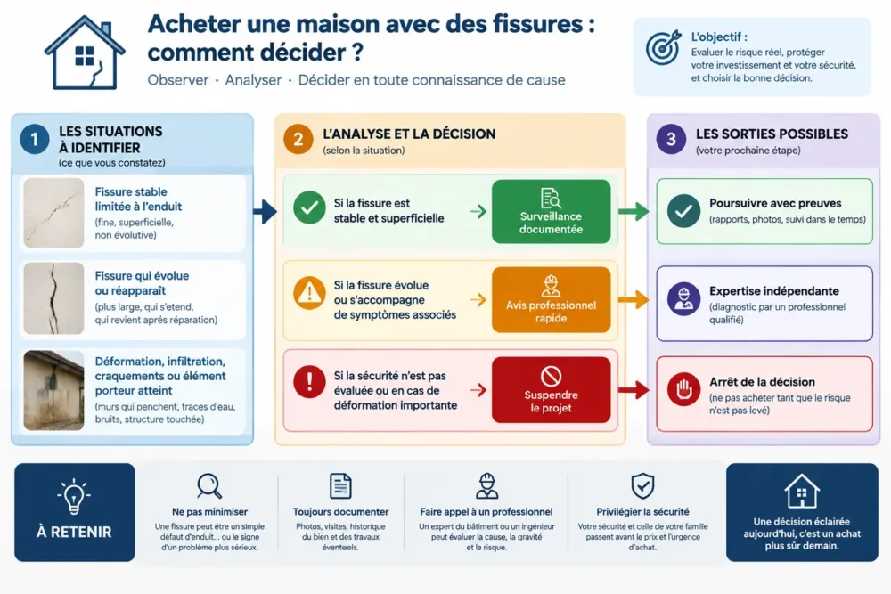 Schéma en français pour décider entre surveillance, avis professionnel rapide et arrêt du projet immobilier