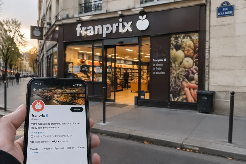 Photo réaliste d'une vitrine Franprix avec un smartphone affichant le profil social de la marque