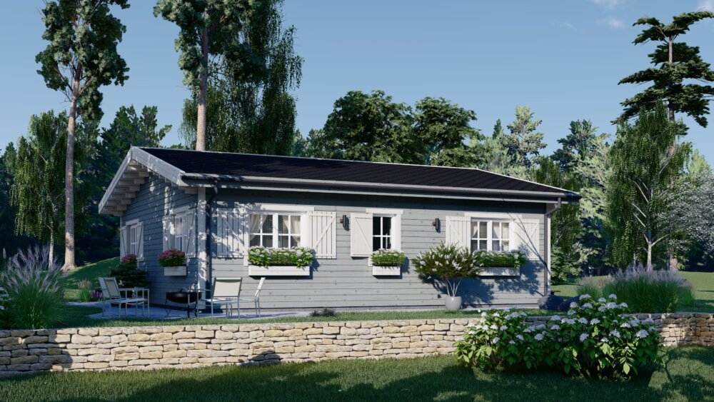 Vue générale d'un chalet habitable en bois gris installé dans un jardin paysager