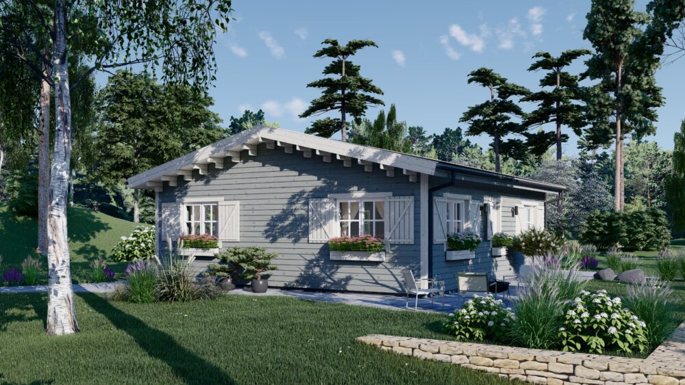 Chalet en bois habitable avec toiture débordante entouré de végétation