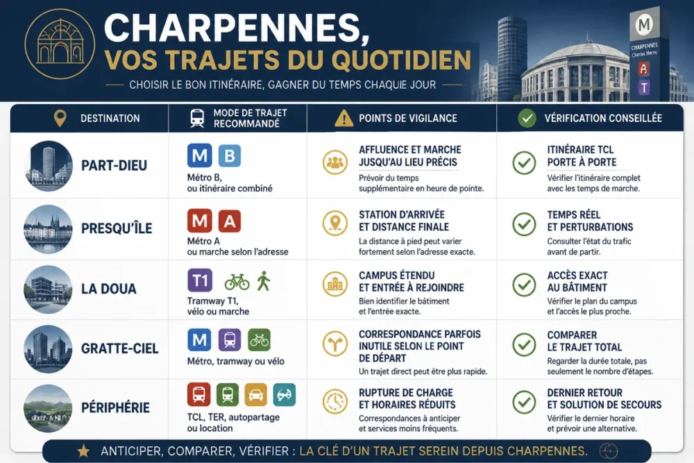 Infographie des modes de transport depuis Charpennes sans voiture selon la destination