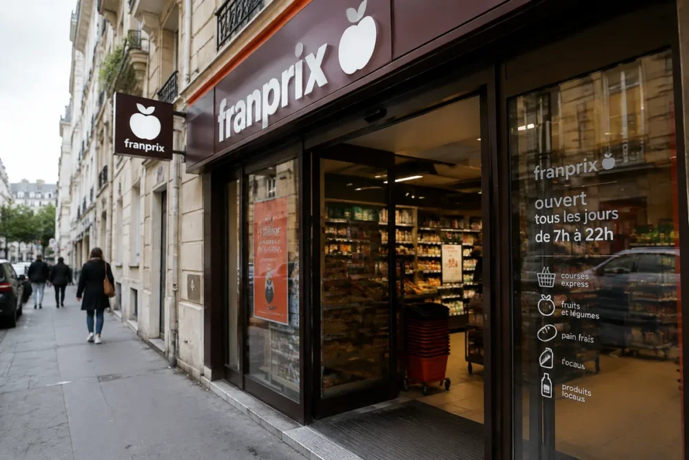 Devanture d’un magasin Franprix en ville avec horaires affichés sur la vitre