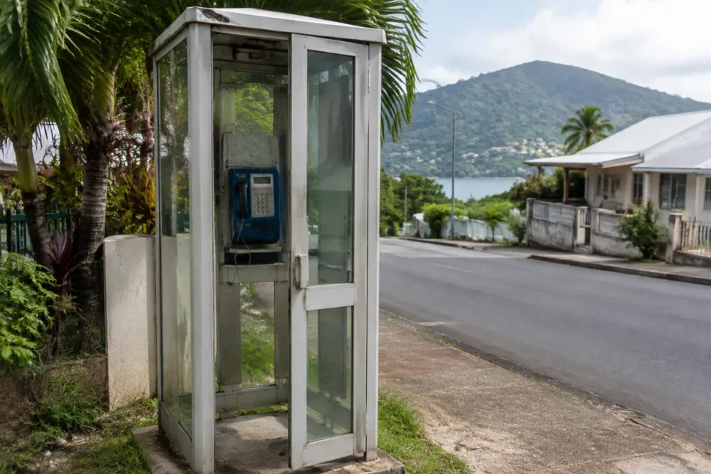 Cabine téléphonique publique dans un territoire ultramarin français