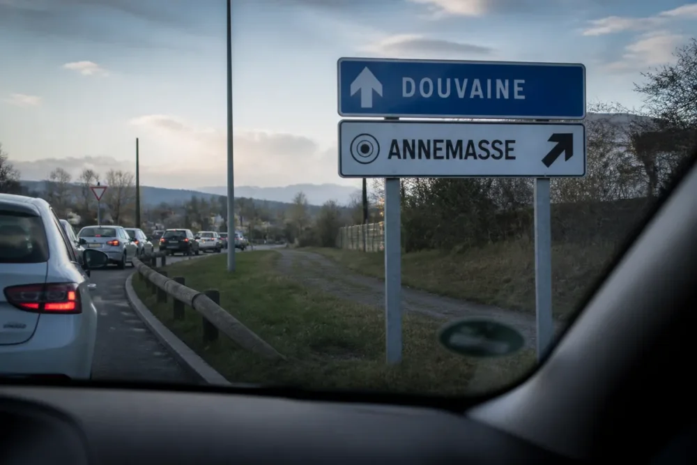 Panneau routier indiquant Douvaine et le secteur d’Annemasse sur l’itinéraire vers Vétraz-Monthoux