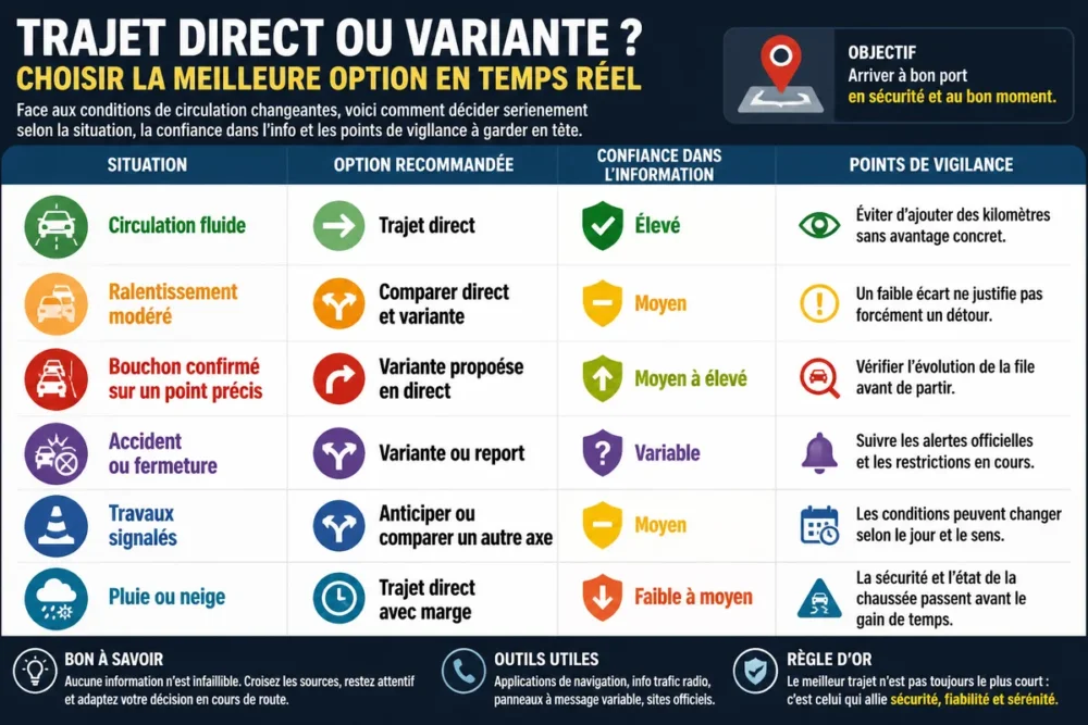 Infographie du choix entre trajet direct, variante ou report pour l’itinéraire Douvaine–Vétraz-Monthoux selon le trafic