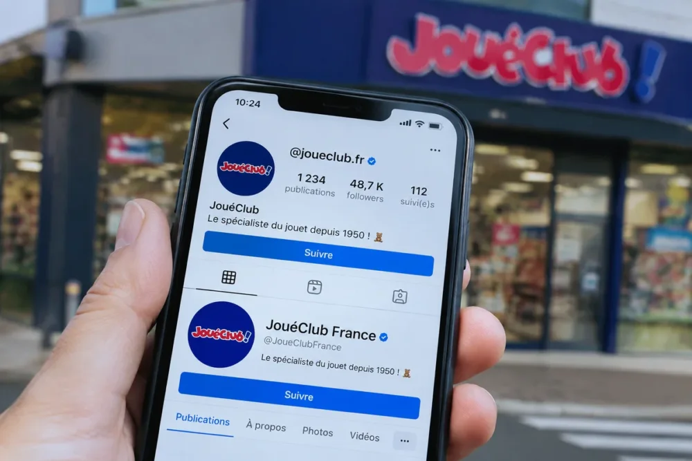 Smartphone affichant les profils Instagram et Facebook officiels associés à JouéClub devant un magasin de jouets