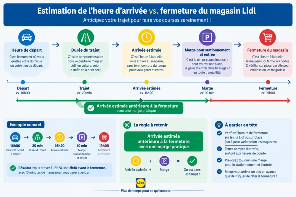 Schéma en français comparant heure de départ, durée du trajet, arrivée estimée et fermeture du Lidl