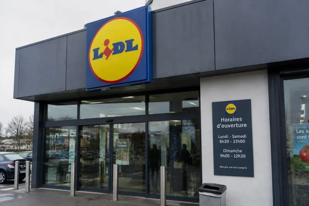 Façade d’un magasin Lidl avec enseigne et panneau d’horaires en français