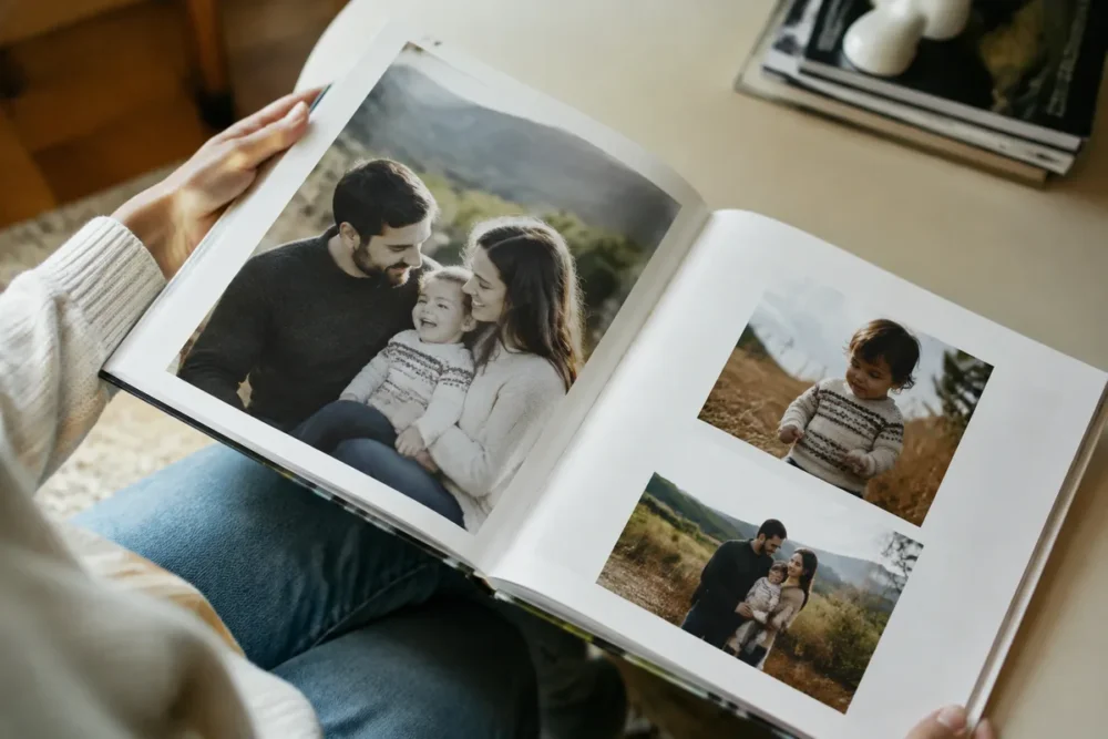 Livre photo personnalisé ouvert sur une table claire