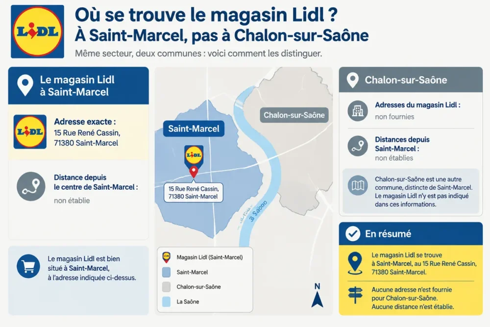 Schéma de localisation du Lidl Saint-Marcel au 15 Rue René Cassin et distinction avec les magasins de Chalon-sur-Saône