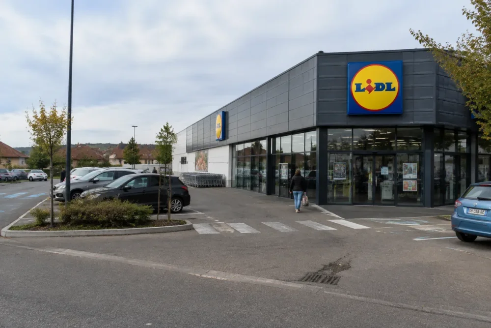 Entrée du magasin Lidl de Saint-Marcel rue René Cassin avec façade et environnement urbain