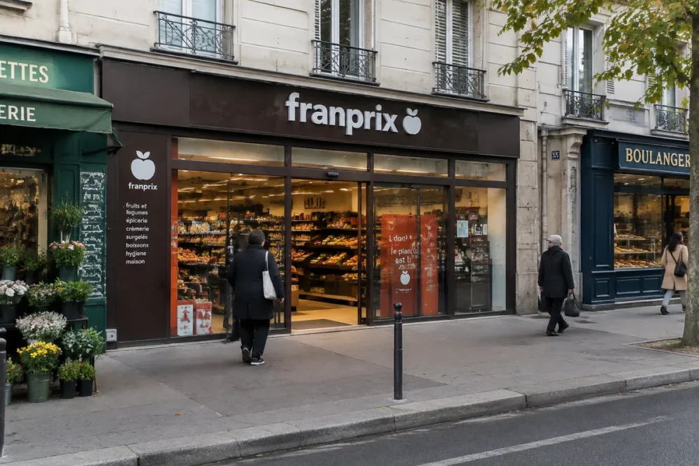 Façade réaliste d’un magasin Franprix dans une rue commerçante