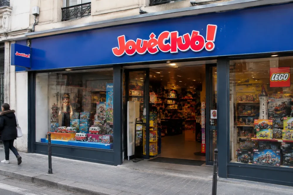 Photo réaliste d’une façade de magasin JouéClub identifiable dans une rue commerçante