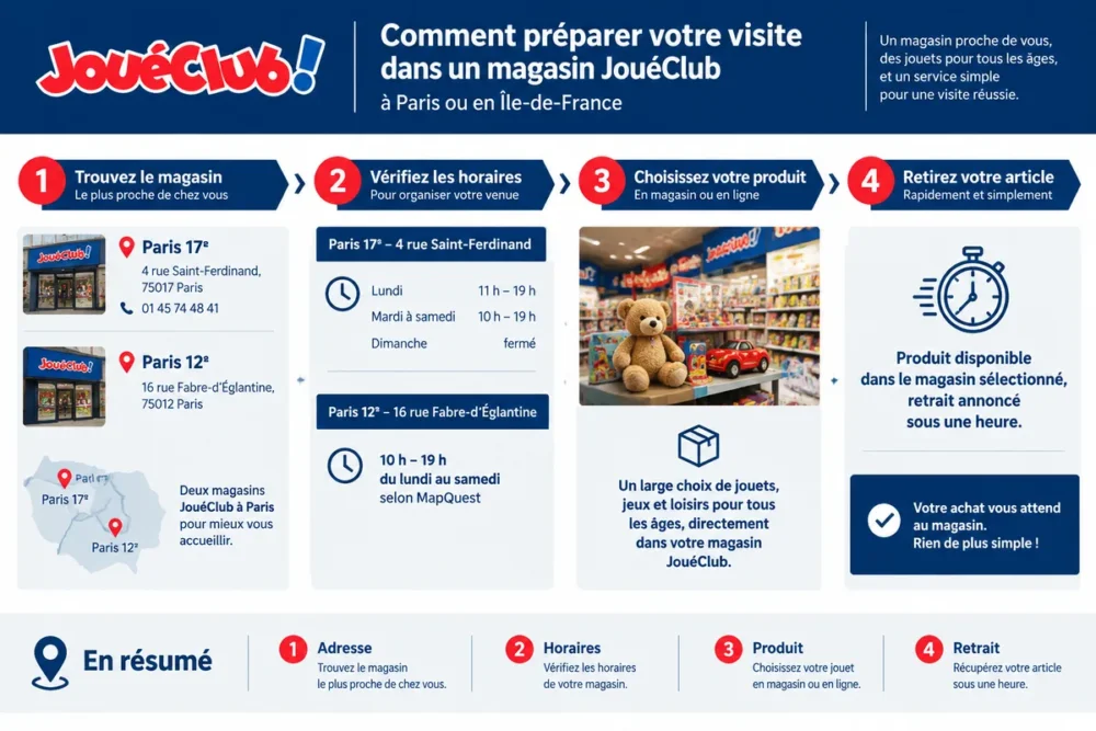 Schéma en français pour préparer une visite dans un magasin JouéClub à Paris ou en Île-de-France