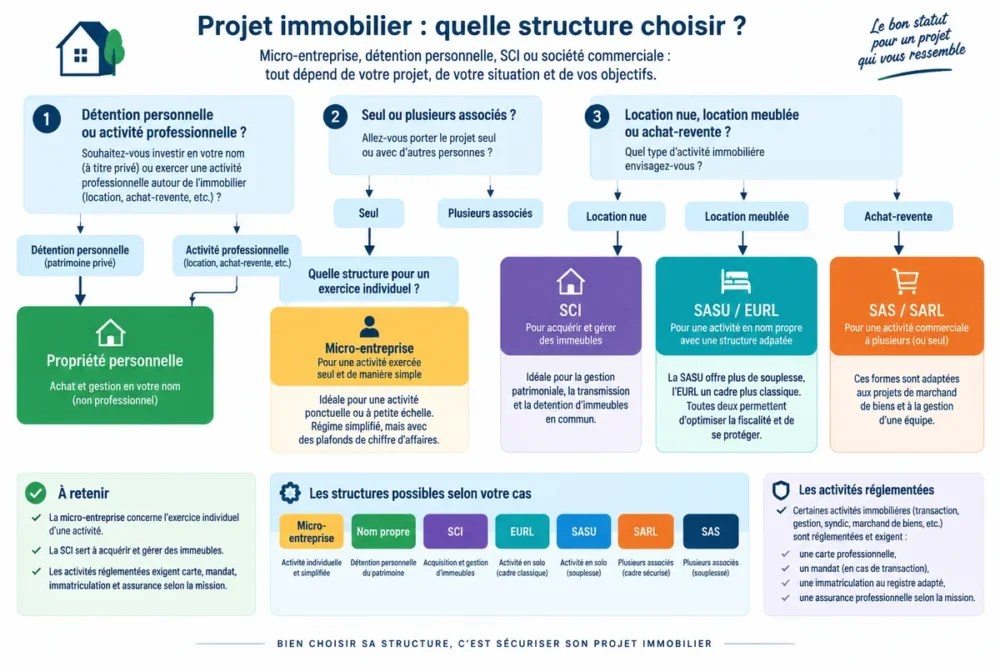 Schéma de décision pour choisir entre micro-entreprise, nom propre, SCI ou société commerciale dans l’immobilier