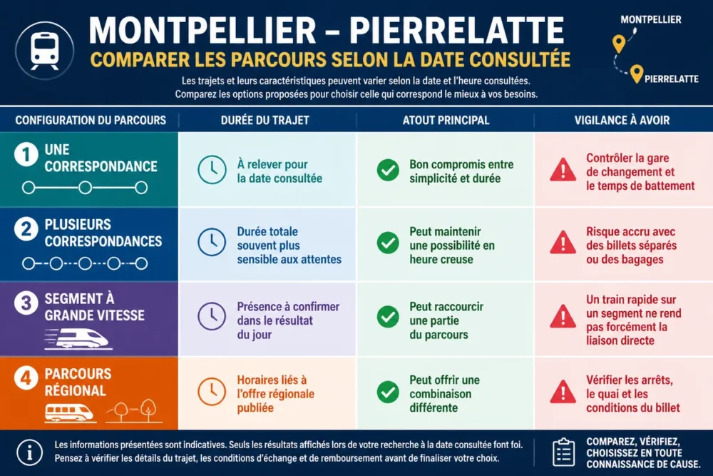 Comparatif des itinéraires en train entre Montpellier et Pierrelatte selon les correspondances