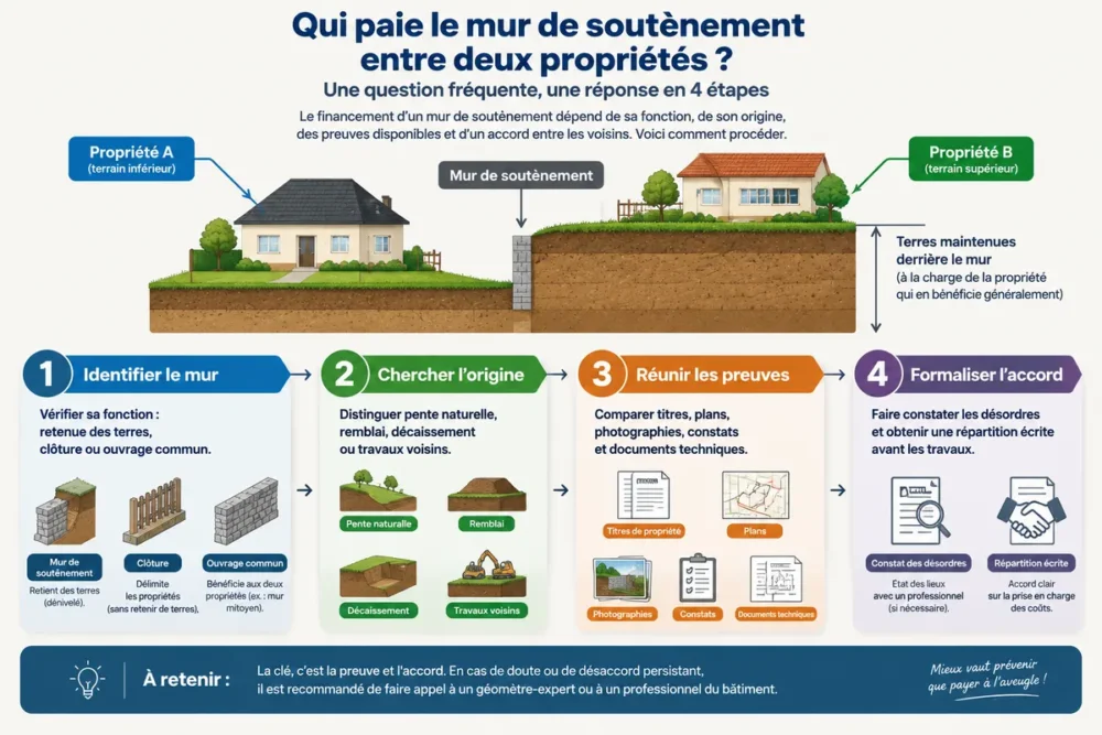 Schéma en français pour déterminer qui paie un mur de soutènement entre deux terrains