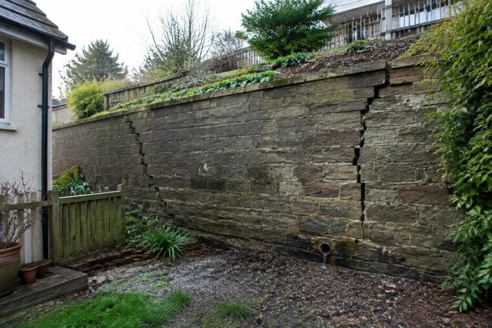 Mur de soutènement fissuré entre deux terrains avec drainage et terres retenues