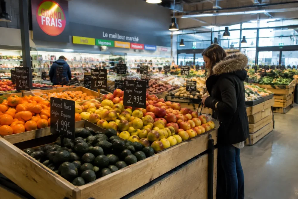 Rayon de produits frais dans un magasin Grand Frais avec affichage de prix promotionnels