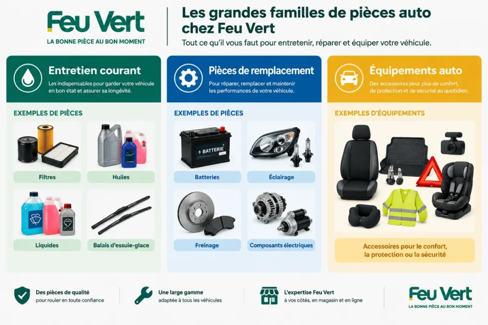 Schéma des principales familles de pièces auto Feu Vert