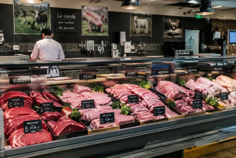 Photo réaliste d’un étal de boucherie Grand Frais avec viandes fraîches et préparations bouchères