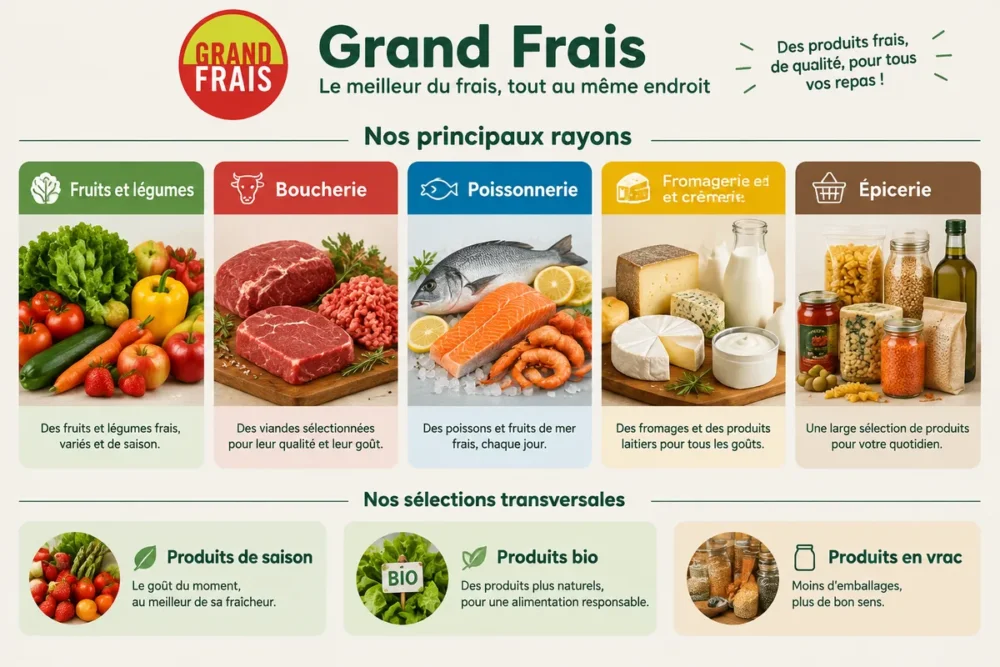 Schéma en français des principaux rayons de produits Grand Frais
