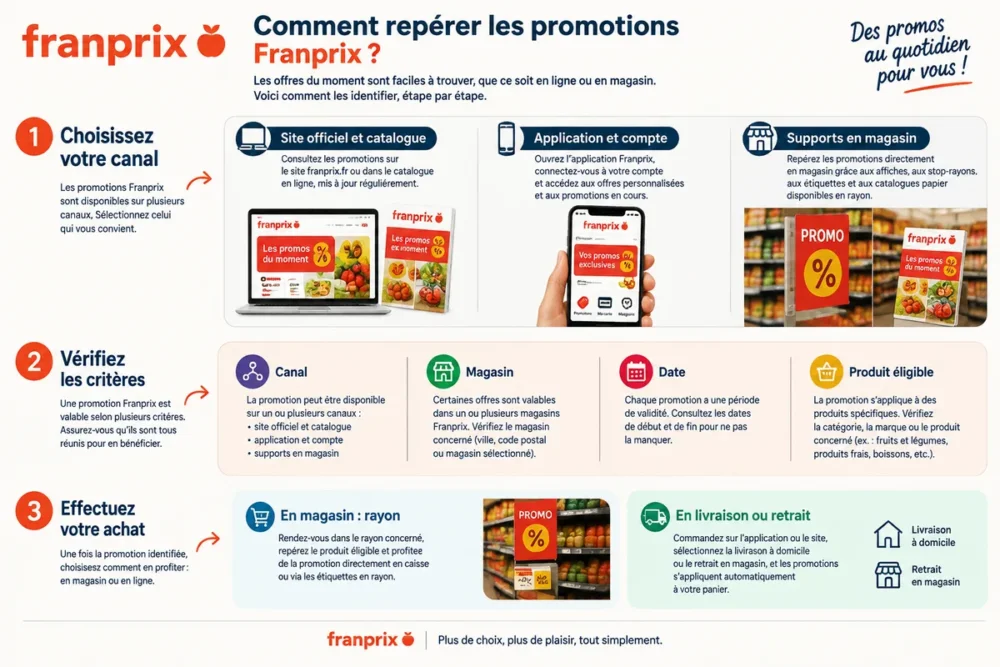 Schéma des canaux permettant de trouver les promotions Franprix et des conditions à contrôler