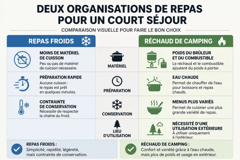 Schéma comparatif entre repas froids et réchaud de camping pour un court séjour