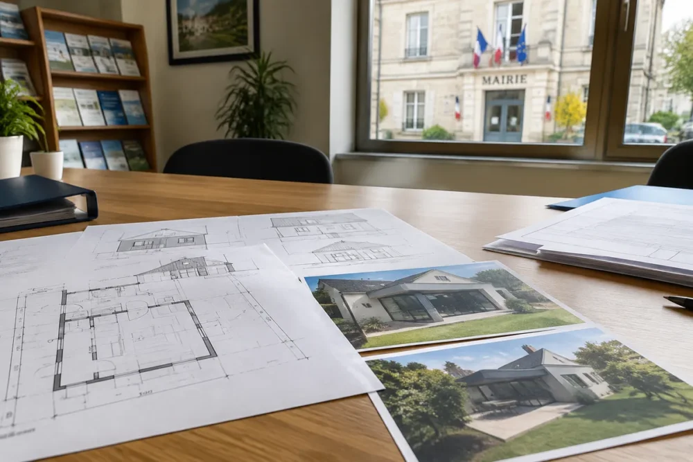 Dossier de régularisation de travaux non déclarés posé sur une table devant une mairie française