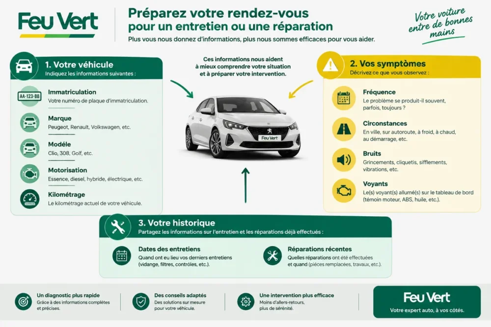 Schéma des informations à préparer pour un rendez-vous d’entretien Feu Vert