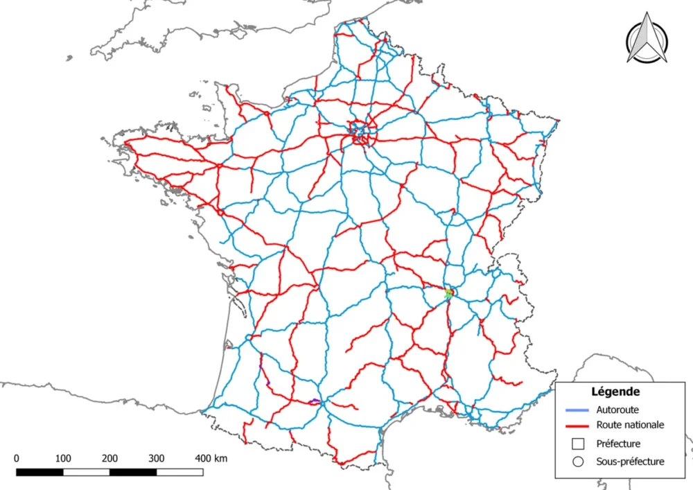 réseau routier français et repères pour un trajet en voiture