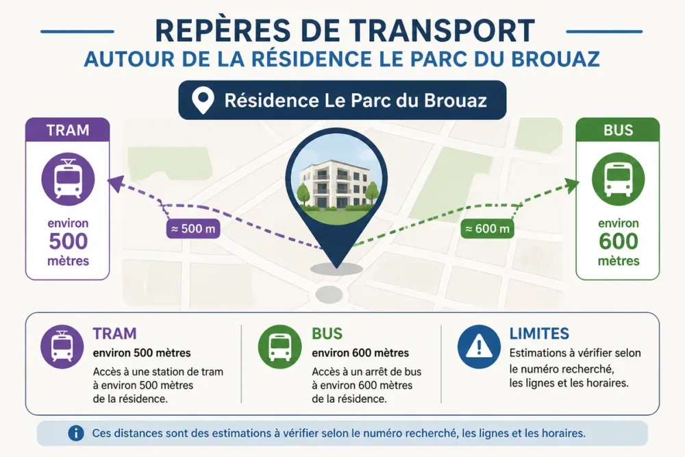 Schéma des distances estimées entre Le Parc du Brouaz et les transports.