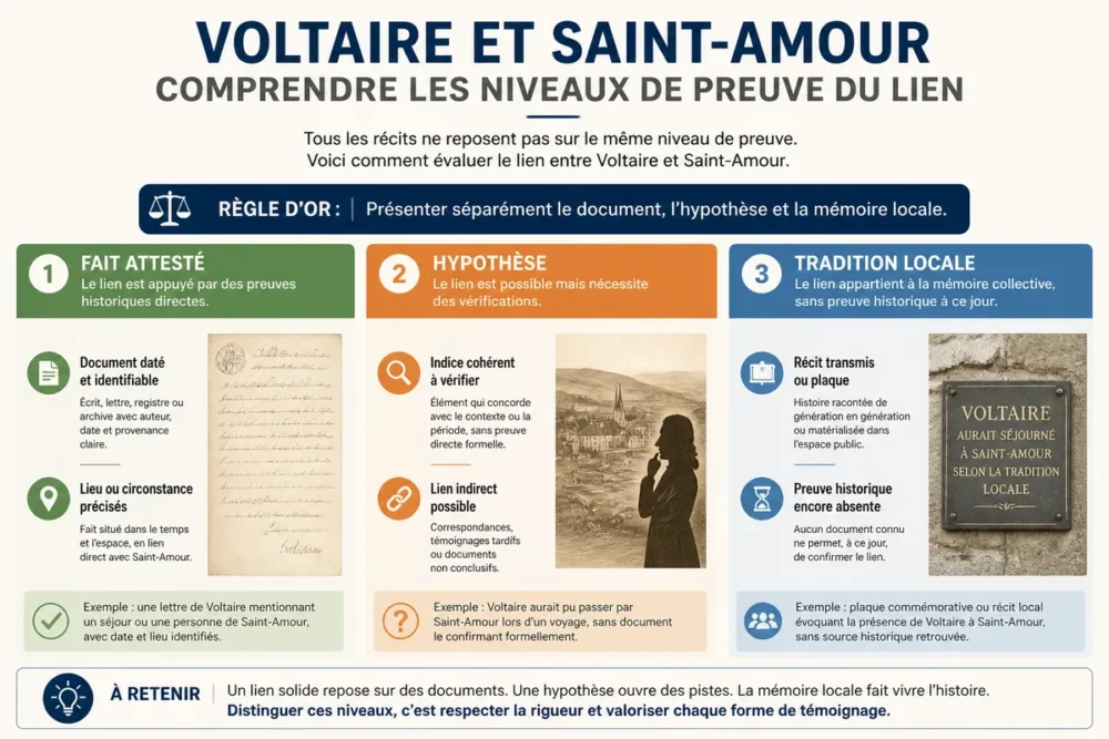 Infographie française comparant les niveaux de preuve du lien entre Voltaire et Saint-Amour.