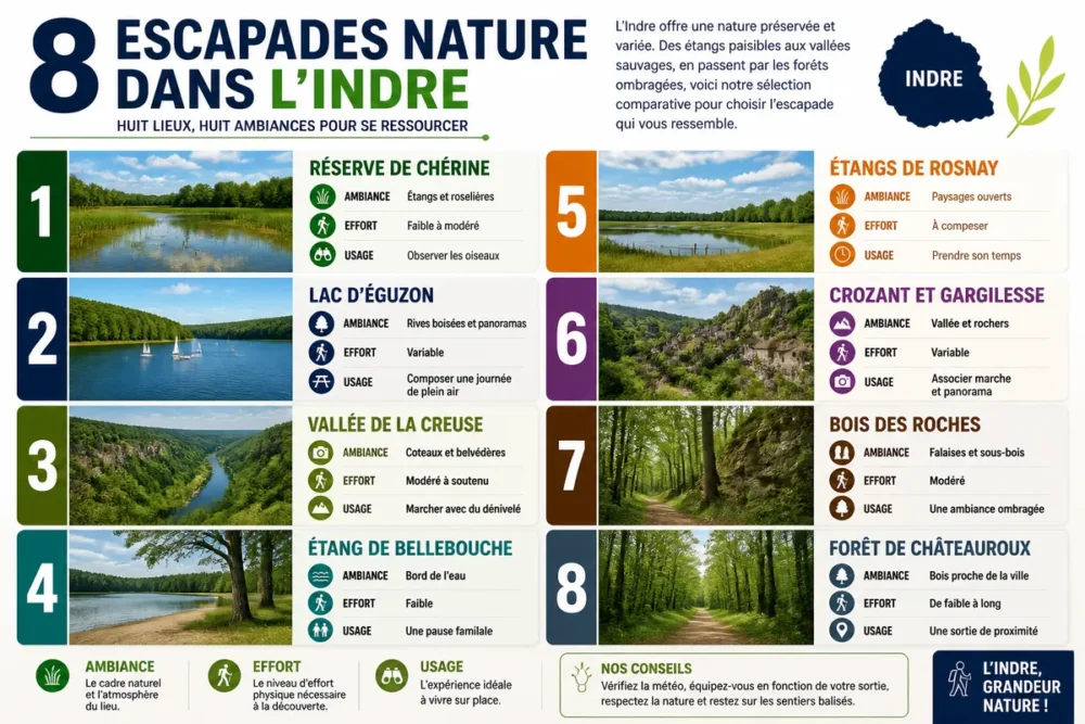 Comparatif des huit sites naturels de l’Indre selon leur ambiance, leur effort et leur usage