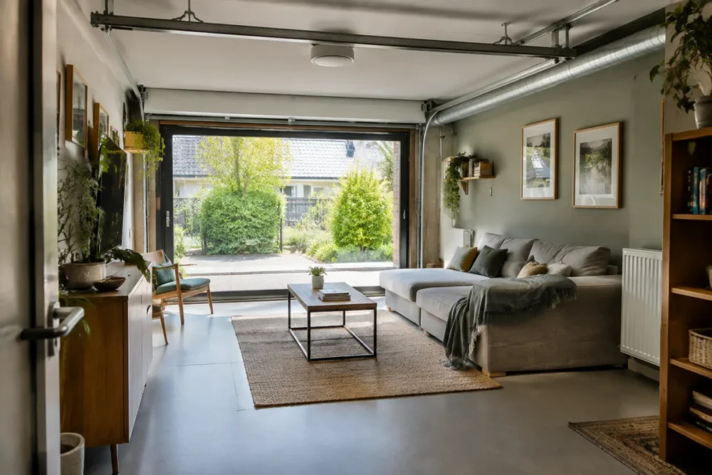 Garage transformé en pièce de vie avec fenêtre, isolation et sol fini dans une maison individuelle