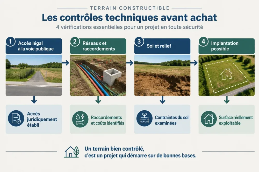 Schéma en français des contrôles techniques d’un terrain constructible : accès, réseaux, sol et implantation