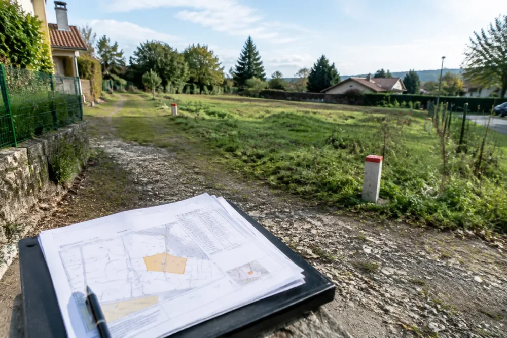 Photographie réaliste d’un terrain à bâtir avec bornes, chemin d’accès et documents cadastraux en contexte
