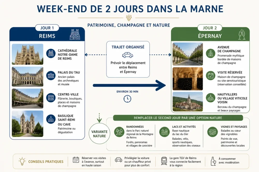 Schéma d’itinéraire pour visiter la Marne en un week-end entre Reims et Épernay
